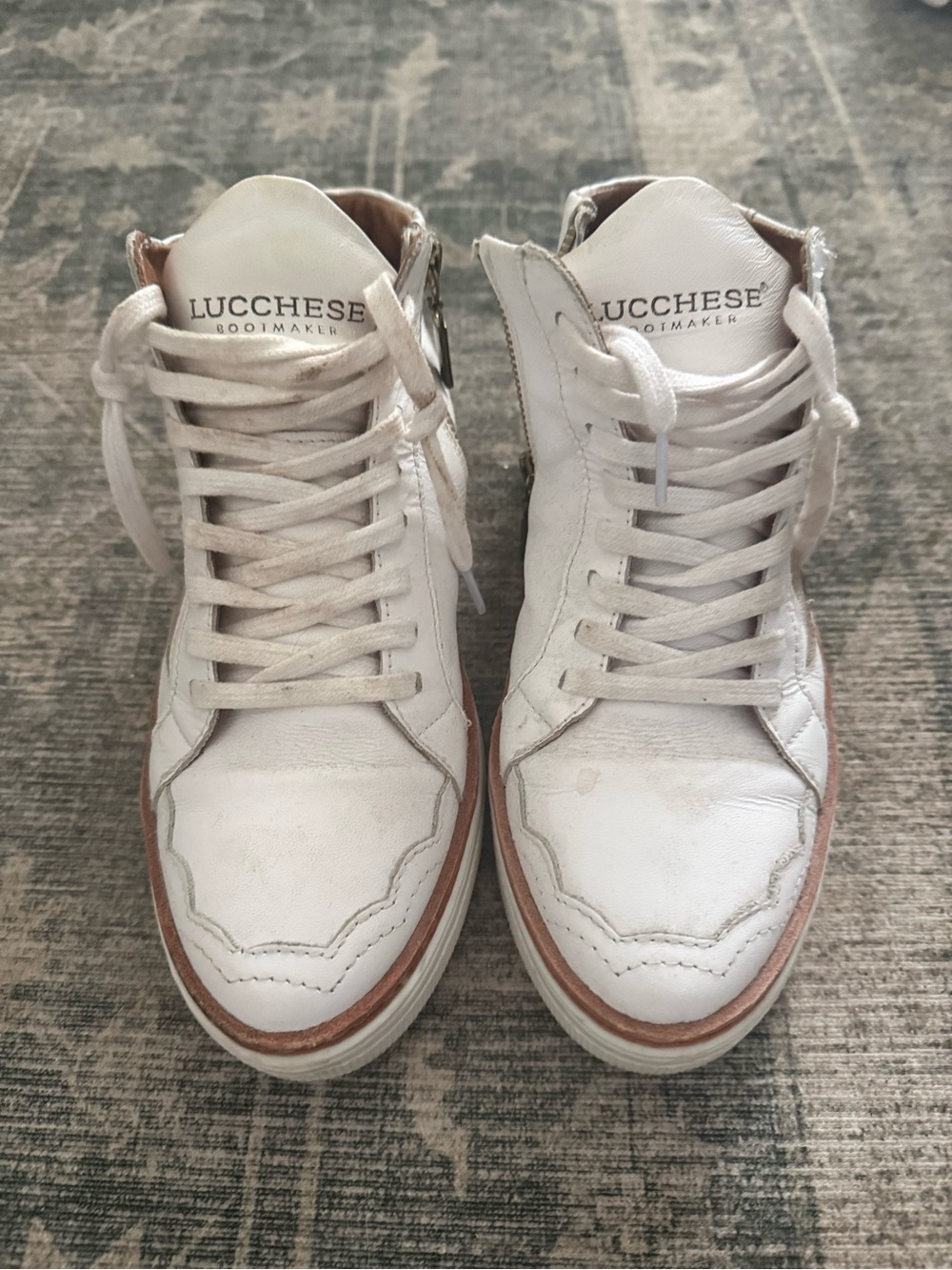Lucchese White Leather High-Top Sneakers with Tan Trim